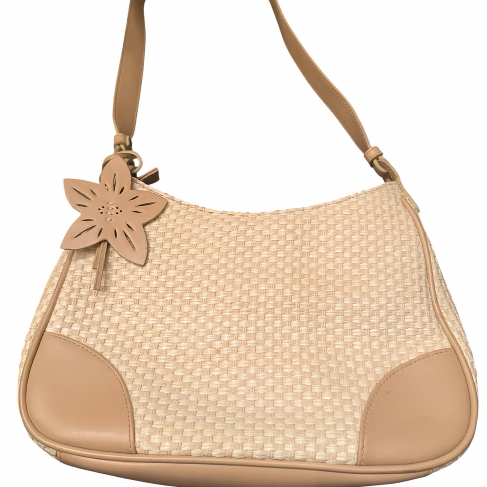 Liz Claiborne Vintage Tan Woven Shoulder Bag with Floral Charm Detail